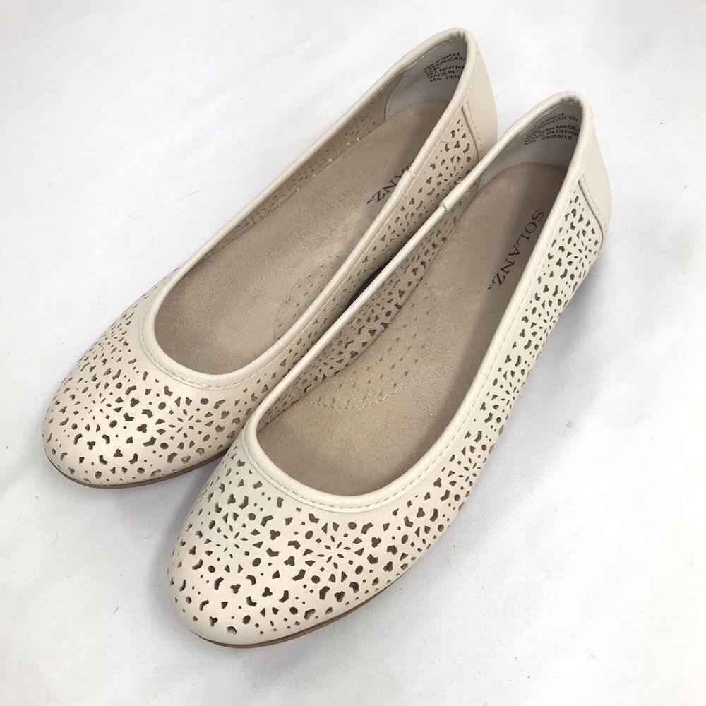 Solanz Cream Laser Cut Faux Leather Slip On Memory Foam Ballet Flats - Picture 3 of 14